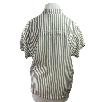 L.L. Bean Women's Green Striped Short Sleeve Blouse Button Down Shirt Size XL