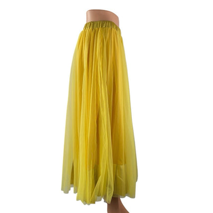 NEW Stylewe Women's Yellow Mesh Tulle High Waisted Midi A-Line Flared Skirt S