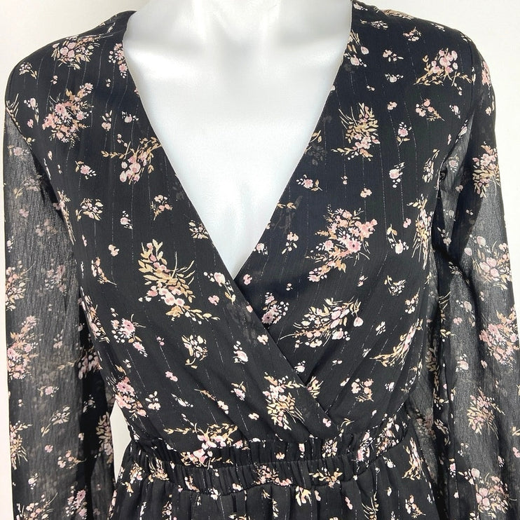 Trixxi Black Floral Print Faux Wrap V-neck A Line Fit & Flare Mini Dress Size M