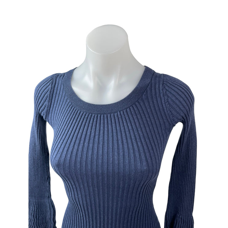 Bar III Women's Blue Ribbed Knit Long Bell Sleeve Midi Sweater Bodycon Dress XS