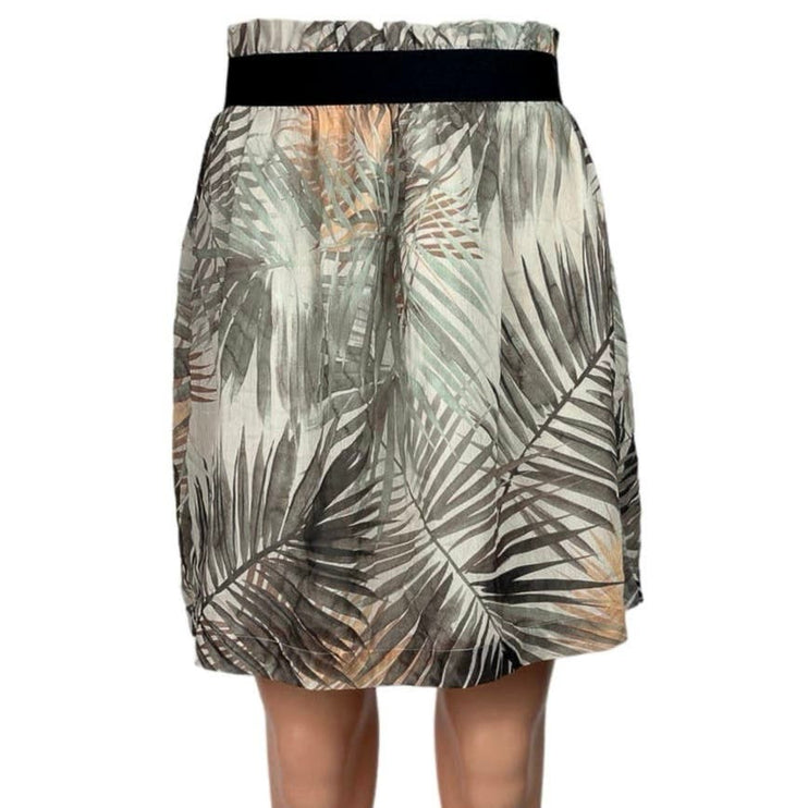 H&M Green Gray Palm Tropical Print Elastic Waist Pull On Mini A Line Skirt Sz 6