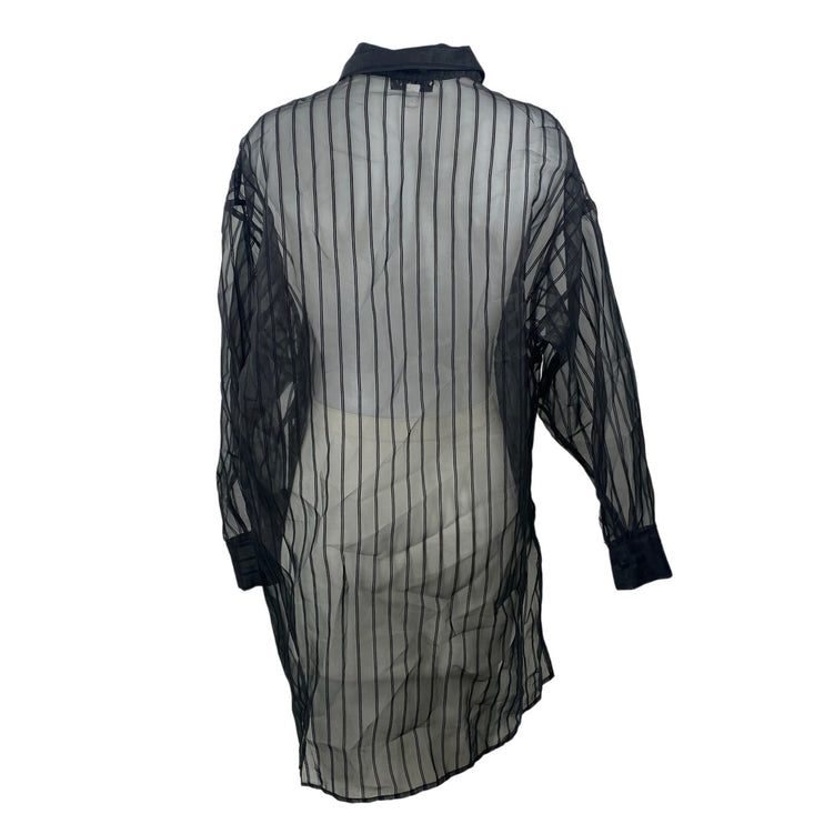 Topshop Women's Black Sheer Mesh Striped Long Sleeve Button Down Tunic Dress 4