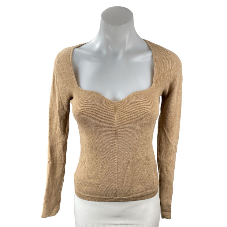 Aritzia Wilfred Womens Tan Ribbed Knit Sweetheart Long Sleeve Sweater Top Size M
