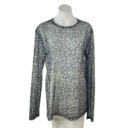 Le31 Par Simons Black Mesh Sheer Jewel Diamond Print Long Sleeve Blouse Top M