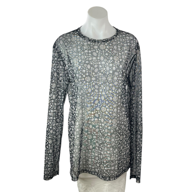 Le31 Par Simons Black Mesh Sheer Jewel Diamond Print Long Sleeve Blouse Top M