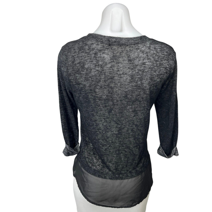 Olivia Moon Black Crew Neck Knit Satin 3/4 Sleeve Peplum Shirt Blouse Top Size S