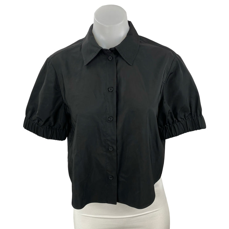 Zara Women's Black Collared Short Sleeve Crop Button Down Shirt Blouse Top Sz S