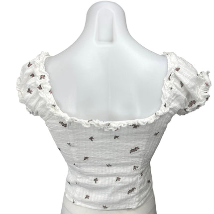 With Jean Womens White Floral Embroidered Knit Hook & Eye Ruffle Crop Top Size S