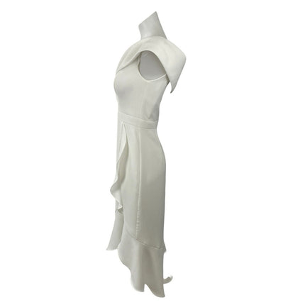 Xscape White Sleeveless Ruffle Slit V Neck Sheath Midi Evening Dress Size 4