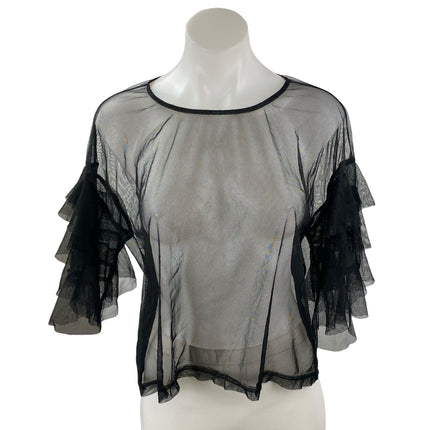 Forever 21 Women's Black Mesh Sheer Ruffle Tiered Sleeve Blouse Top Size L