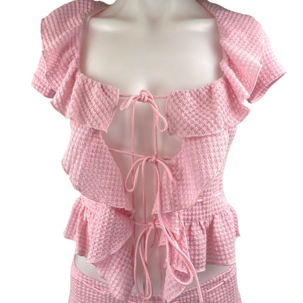 NEW White Fox Pink Crochet Ruffle Tie Front Peplum Crop Top & Mini Shorts Set XS