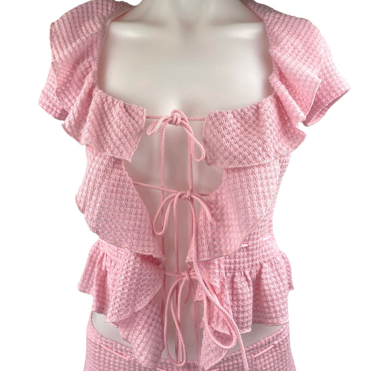 NEW White Fox Pink Crochet Ruffle Tie Front Peplum Crop Top & Mini Shorts Set XS