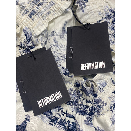 NEW Reformation 100% Linen White Blue Printed Crop Tank Top & Trousers Set Sz M