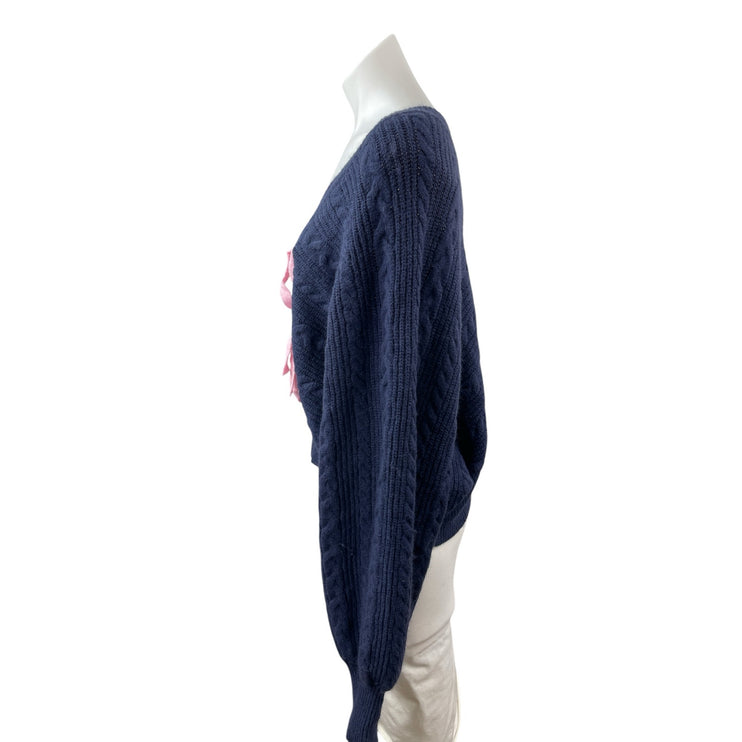 Cider Women's Navy Blue V Neck Cable Knit Tie Knot Cardigan Sweater Top Size 2XL