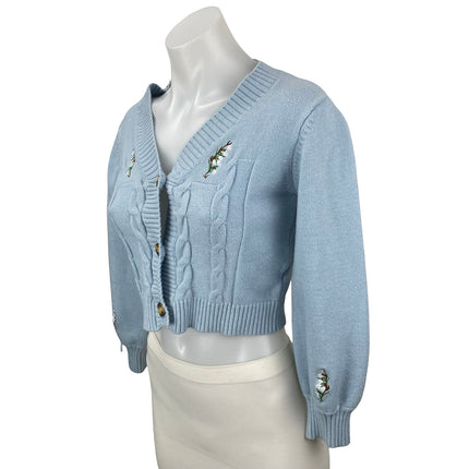 Zaful Women's Blue Cable Knit Embroidered Floral Cropped Cardigan Sweater Top OS