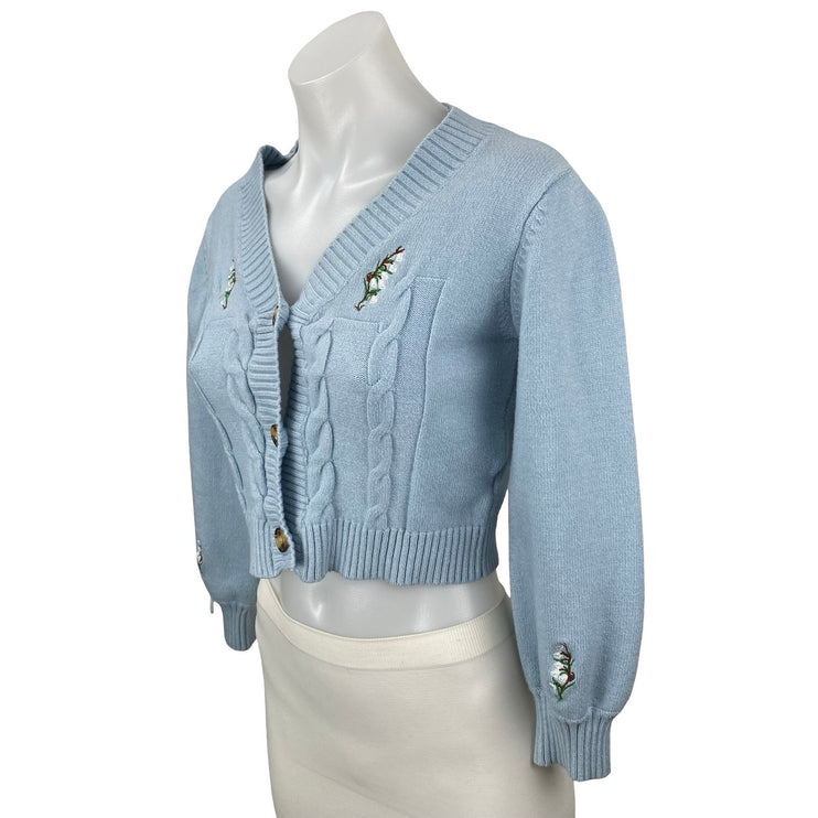 Zaful Women's Blue Cable Knit Embroidered Floral Cropped Cardigan Sweater Top OS