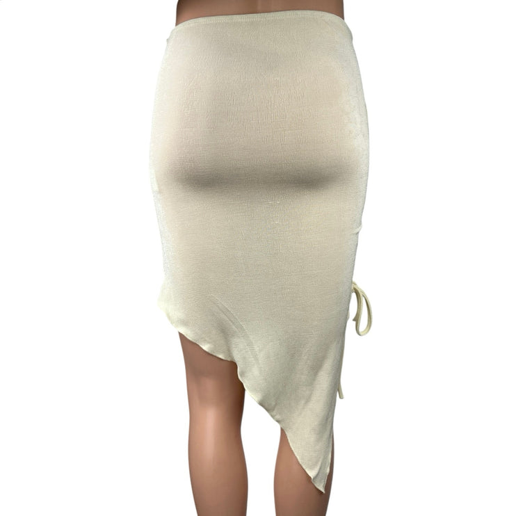 Commense Cream Asymmetric Tie High Waist Knit Fitted Stretch Mini Skirt Size M