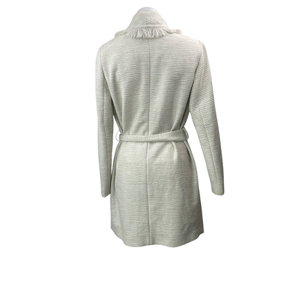 HUGO BOSS Womens White Long Sleeves Tweed Fringe Belted Shawl Wrap Coat Jacket 2