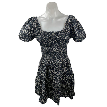 GAP Black Floral Smocked Puff Sleeve Tie Square Neck Mini Flare A-Line Dress M
