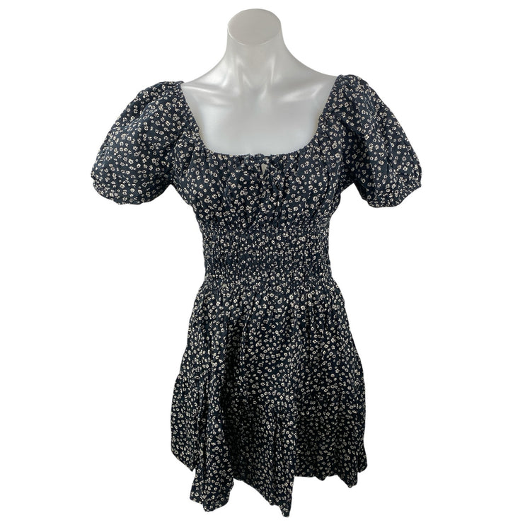 GAP Black Floral Smocked Puff Sleeve Tie Square Neck Mini Flare A-Line Dress M