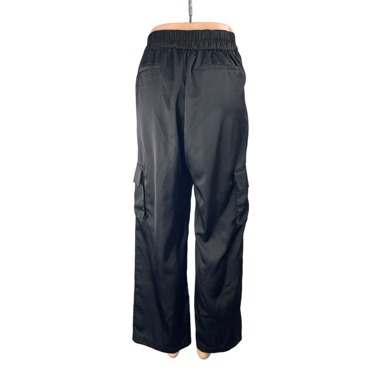 Tulléa Black Satin High Rise Baggy Wide Leg Utility Cargo Trouser Pants Size S