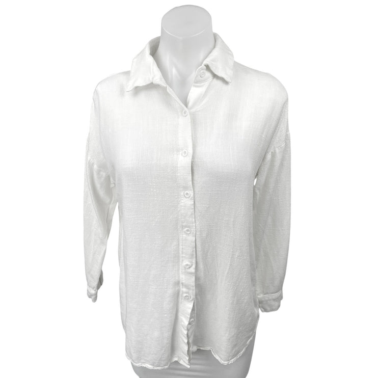 12TH Tribe Women's White Linen Button Up Collar Long Sleeve Shirt Blouse Top S/M