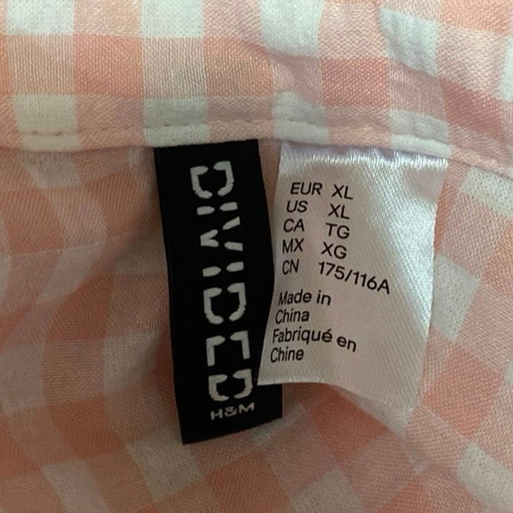 H&M Women's Orange Coral Gingham Check Long Sleeve Crop Button Down Shirt Top XL