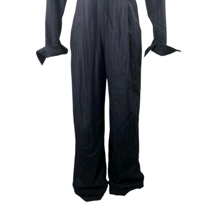 Women's Navy Blue Pinstriped Collared Long Sleeve Wide Leg Blazer Jumpsuit Sz M