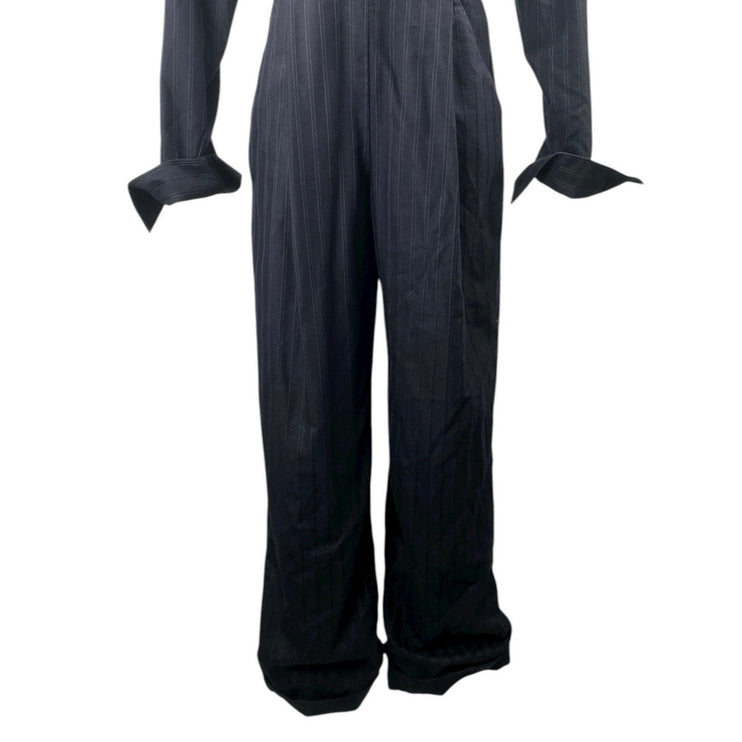 Women's Navy Blue Pinstriped Collared Long Sleeve Wide Leg Blazer Jumpsuit Sz M