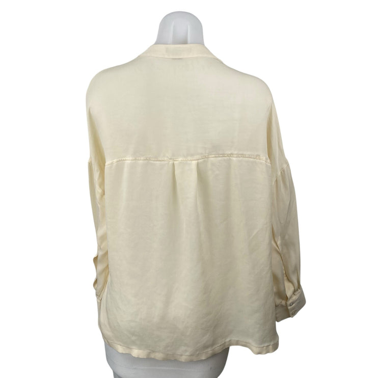 Vince 100% Silk Women's Cream V Neck Long Sleeve Tunic Henley Shirt Blouse Top S