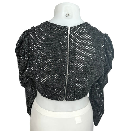 Fashion to Figure Leandra Black Puff Sleeve Metallic Sequin Ruched Crop Top Sz L