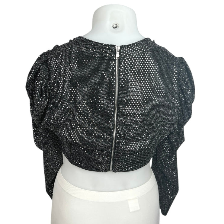 Fashion to Figure Leandra Black Puff Sleeve Metallic Sequin Ruched Crop Top Sz L