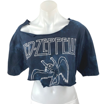 Led Zeppelin Blue Tie Dye Short Sleeve Distressed Frayed Crop Tee T-Shirt Top L