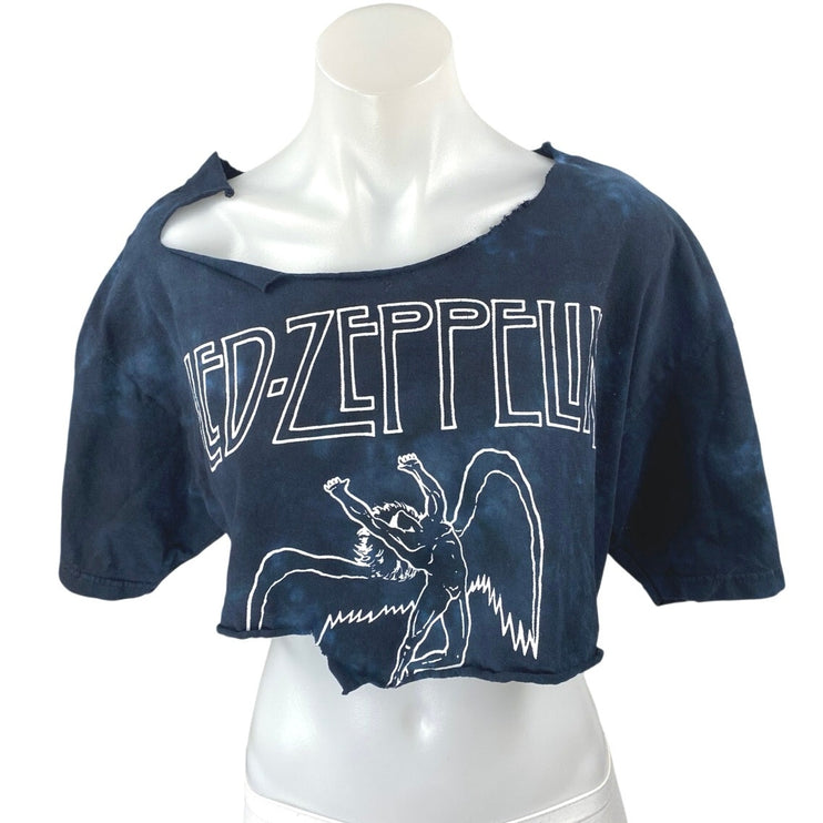 Led Zeppelin Blue Tie Dye Short Sleeve Distressed Frayed Crop Tee T-Shirt Top L