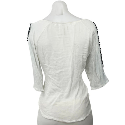 Women's White Floral Embroidered Half Sleeve Slit Tie Boho Blouse Top Size M