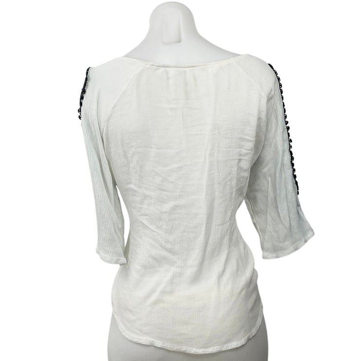 Women's White Floral Embroidered Half Sleeve Slit Tie Boho Blouse Top Size M
