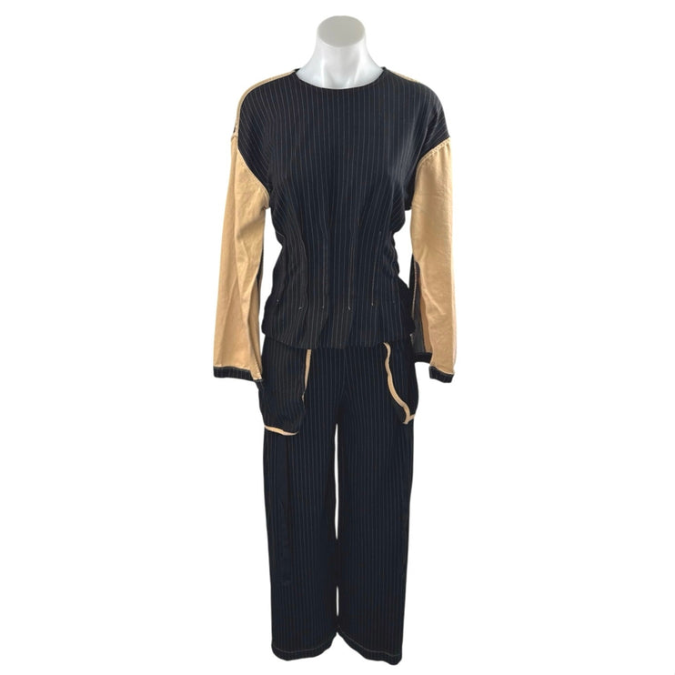 Zara Women's Black Striped Pleated Split Long Sleeve Top & Trousers Pants Set S