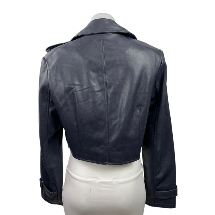 7 For All Mankind Black Faux Leather Vegan Cropped Biker Moto Coat Jacket Size M