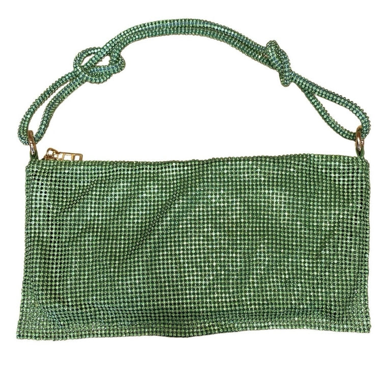 Women's Green Rhinestone Knotted Zipper Hobo Evening Shoulder Strap Handbag OS