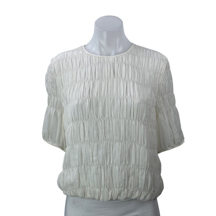 AYR Women's White Short Balloon Sleeves Silk Crinkle Smocked Blouse Top Size M