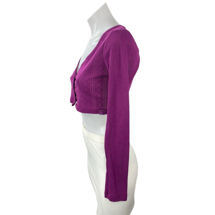 Savage Women's Purple Eyelet Knit Long Sleeve V Neck Button Up Crop Top Size S