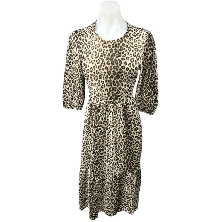 Zara Brown Black Leopard Animal Print 3/4 Sleeve Tiered Midi A-line Dress Size S