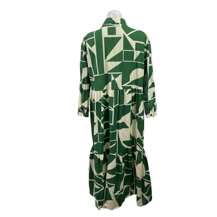 Zara Green Geometric Long Sleeve Button Down Tiered Maxi Shirt Dress Size 2XL