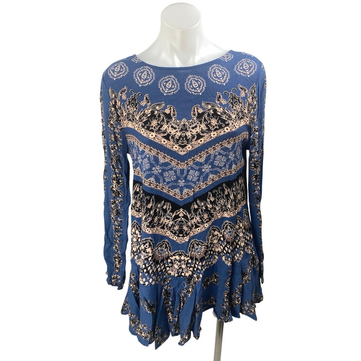 Free People Smooth Talker Blue Floral Long Sleeve Boho Mini Tunic Dress Size S