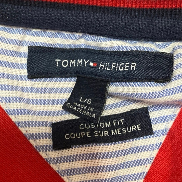 Tommy Hilfiger Men's Blue Red Colorblock Short Sleeve Button Polo Shirt Top Sz L