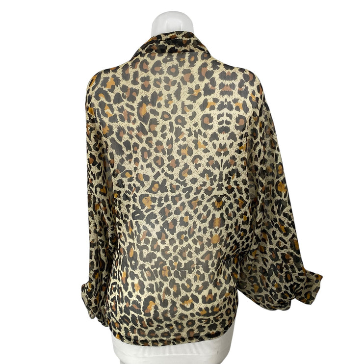 Free People Celia Womens Sheer Leopard Print Tie Front Long Sleeve Blouse Top OS