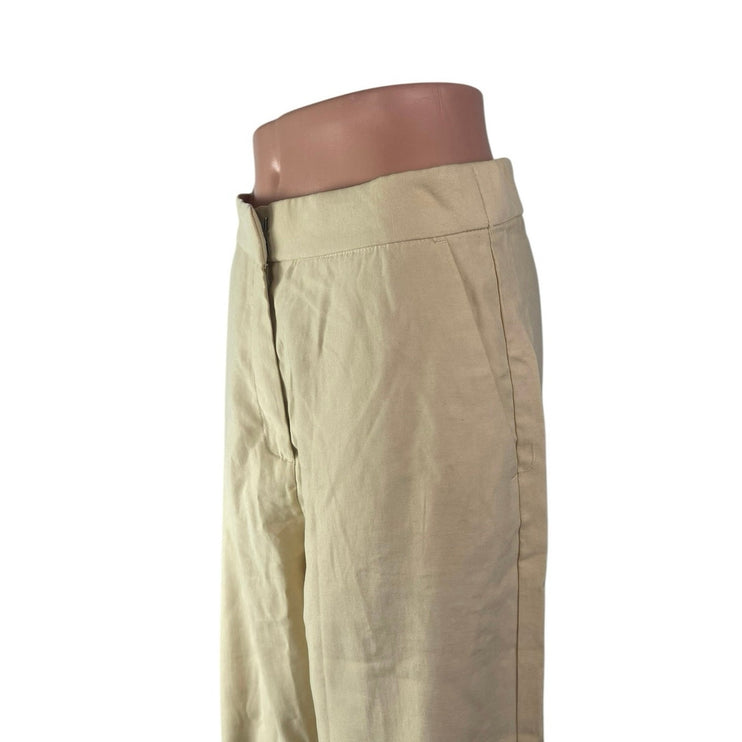 H&M Women's Cream Linen High Waisted Straight Wide Leg Trousers Pants Size 8
