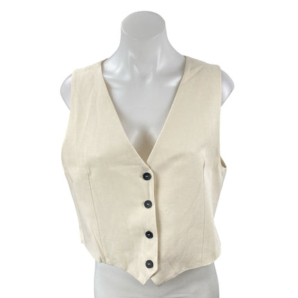 Zara Beige Sleeveless Knit V Neck Button Down Vest Shirt Blouse Crop Top Size L