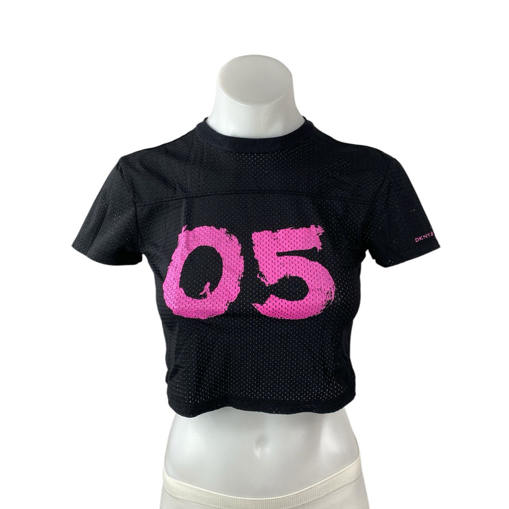 DKNY Black Pink Mesh Graphic Crew Neck Short Sleeve Crop Jersey T-Shirt Top XS