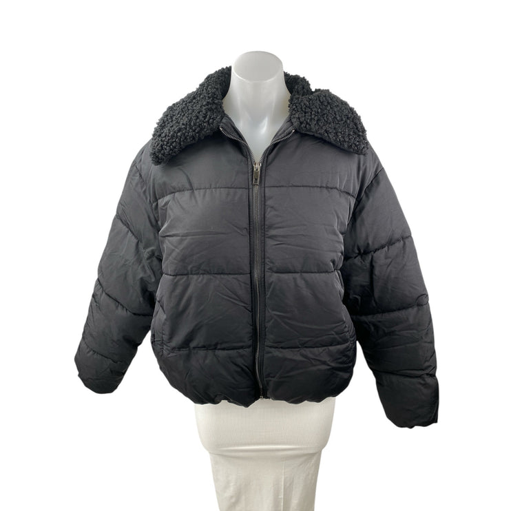 Urban Outfitters Black Faux Fur Collar Long Sleeve Quilted Puffer Coat Jacket XS
